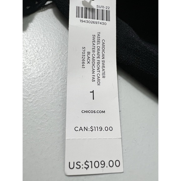 NWT CHICO'S Women's Cardigan Tassel Drape Front Sweater Size Medium or 1 Black - Picture 4 of 10